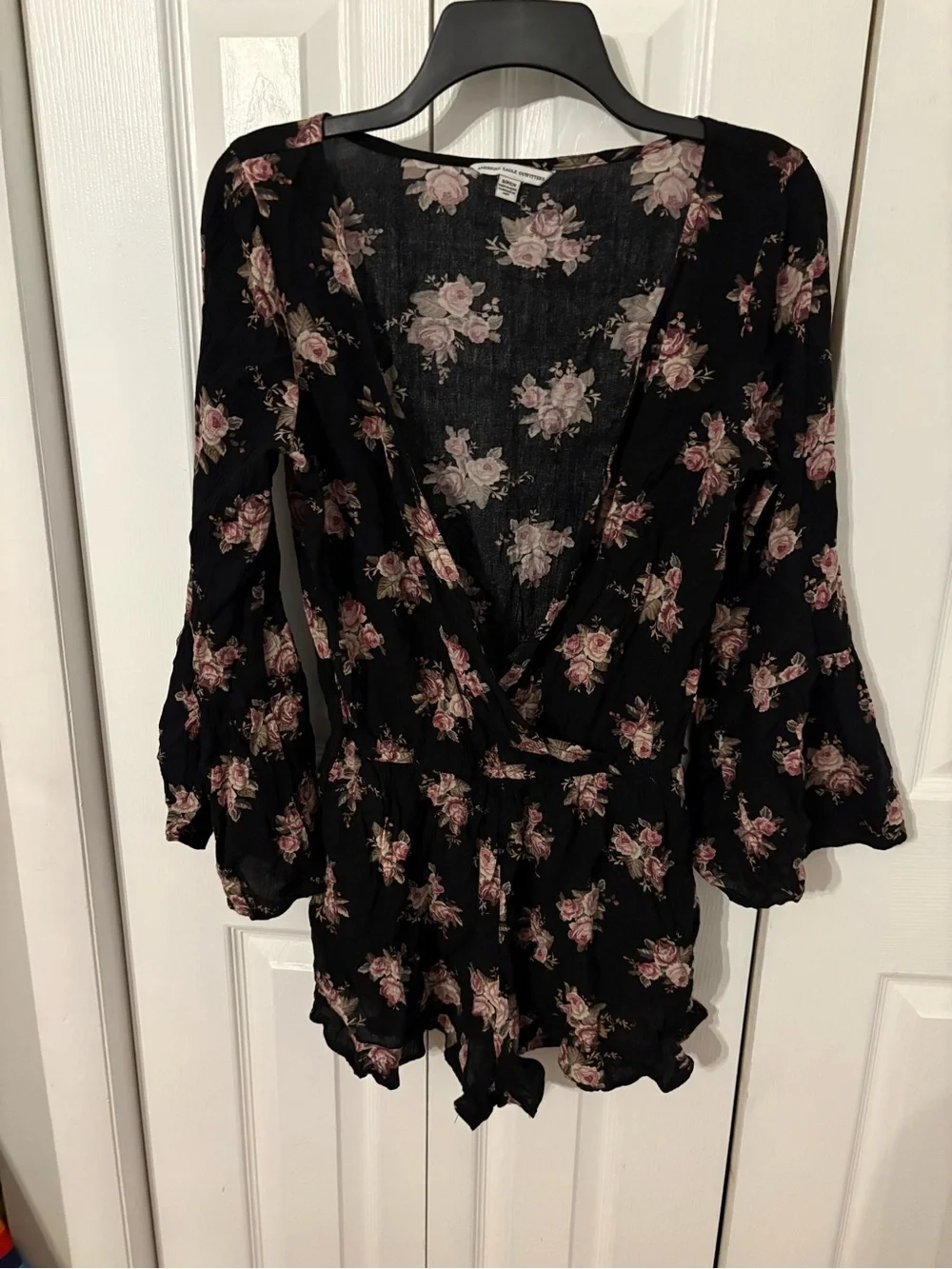 American Eagle Outfitters Black Top with Pink Rose Print